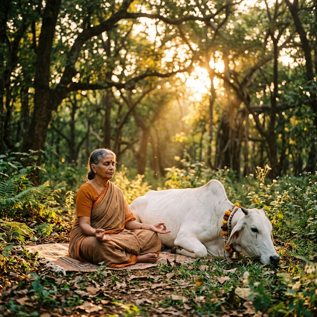 Person meditating near a peaceful Indian cow