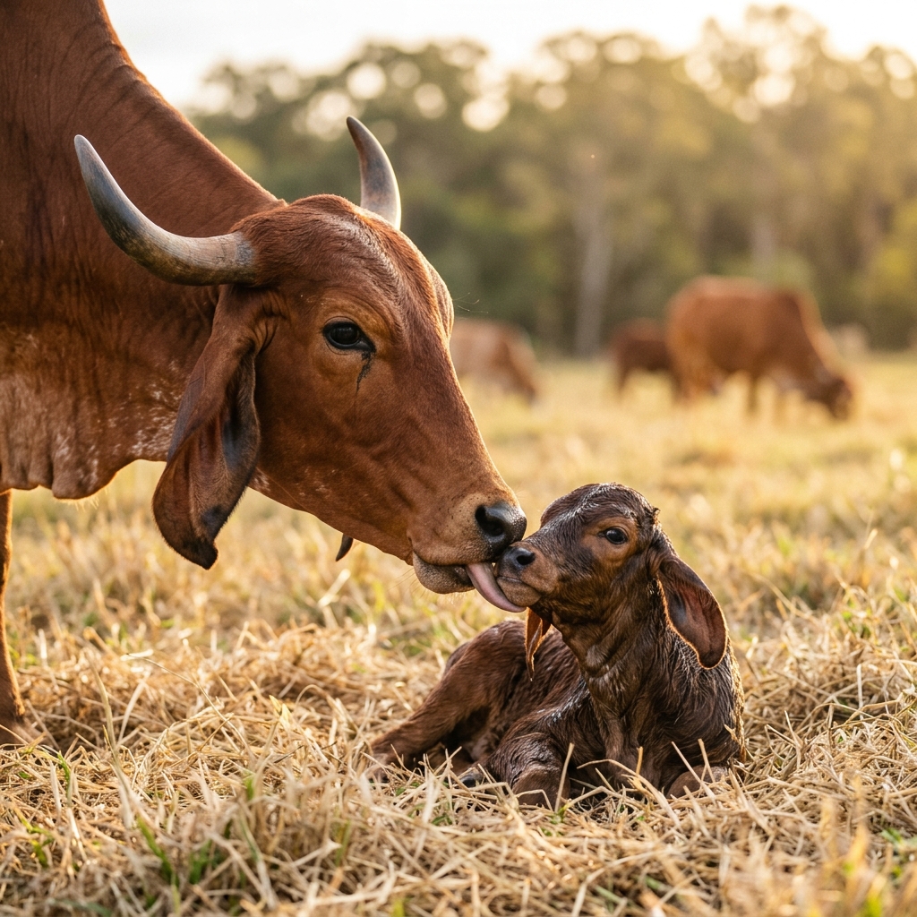 Mother Gir cow loving her calf