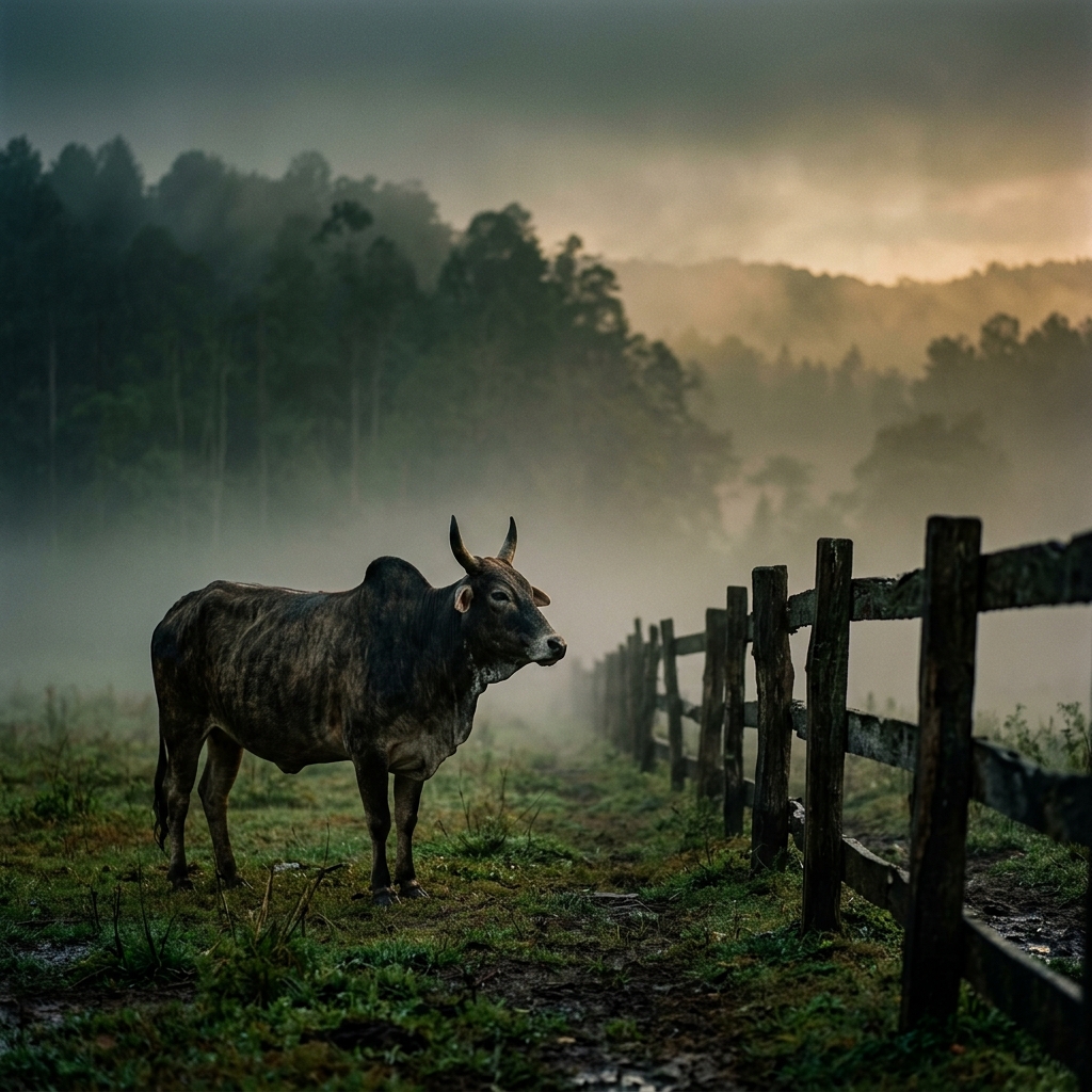 Indian cow near fence under misty sunset