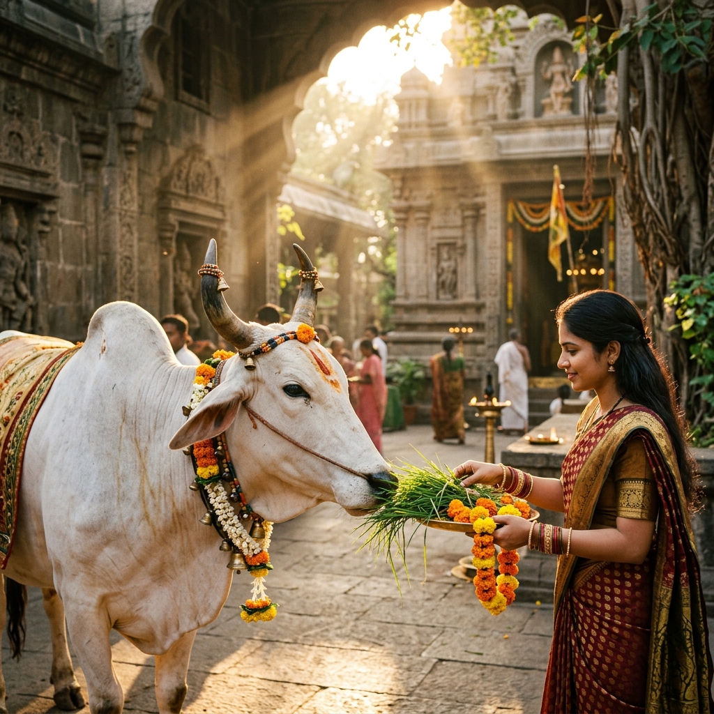 Hands offering marigolds and grass to a decorated cow